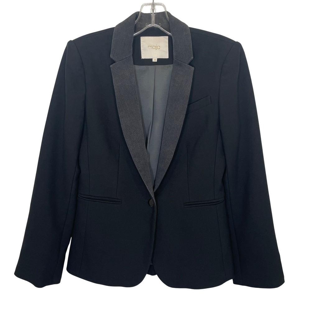 Maje Black Blazer Grey Contrast Lapel Single Button Jacket Corpcore French 36 S